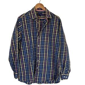 Paul Fredrick Long Sleeve Button Down Shirt Mens Size LT Multi Color Blue Yellow